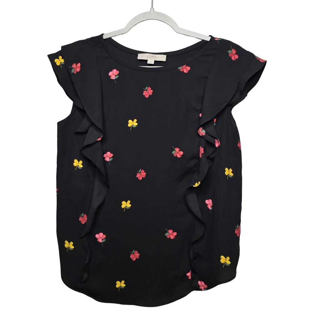 LOFT Floral Ruffle Sleeve Blouse Womens M Black Flowers Top Cottagecore